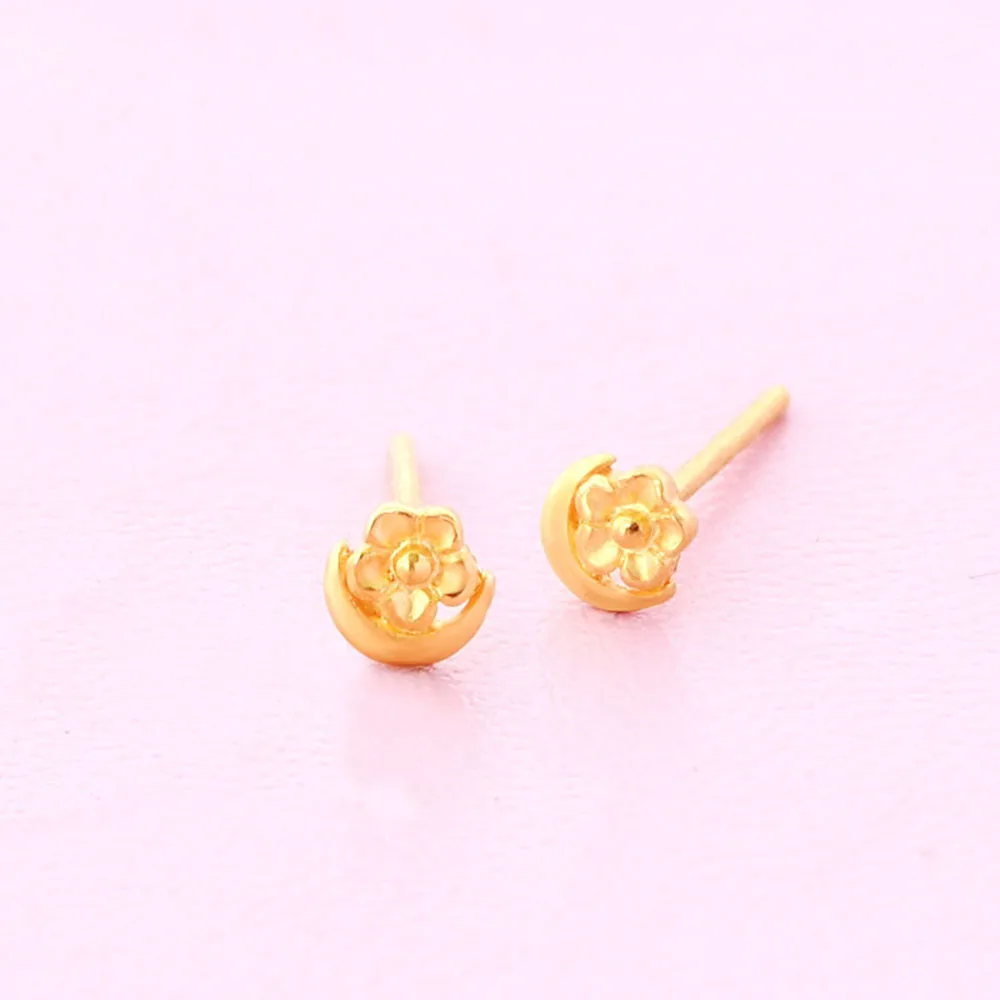 

New 999 Pure 24K Yellow Gold Woman Earrings Beauty Moon Flower Stud Earrings 0.5-0.6g 4.5mmW