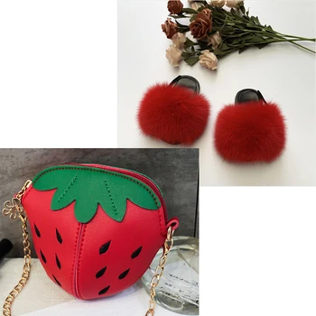 

Baby Home Plush Toddler Fur Shoes Children Fluffy Fox Fur Sandals Cute Strawberry Fashion Coin Purse Girls Furry Fur Slippers