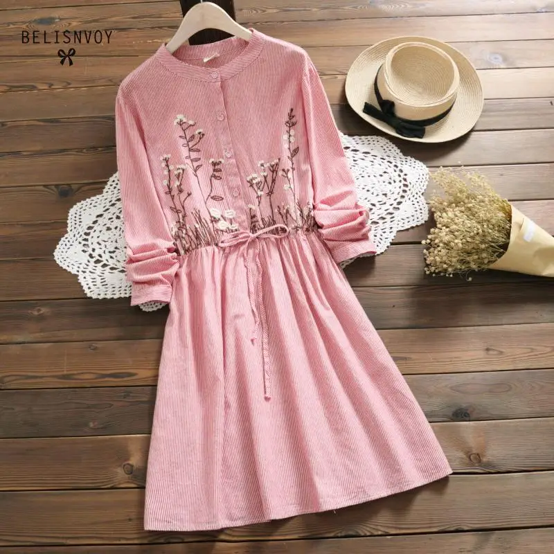 

Japanese Women Striped Dress Stand Collar Long Sleeve Floral Embroidery Drawstring Waist Mori Girl Autumn Shirt Elegant Dress
