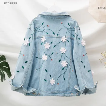

XL-5XL Light Blue Flower Embroidery Plus Size Denim Jacket Woman 2019 Autumn Streetwear Vintage Loose Women Jean Coat Outwear