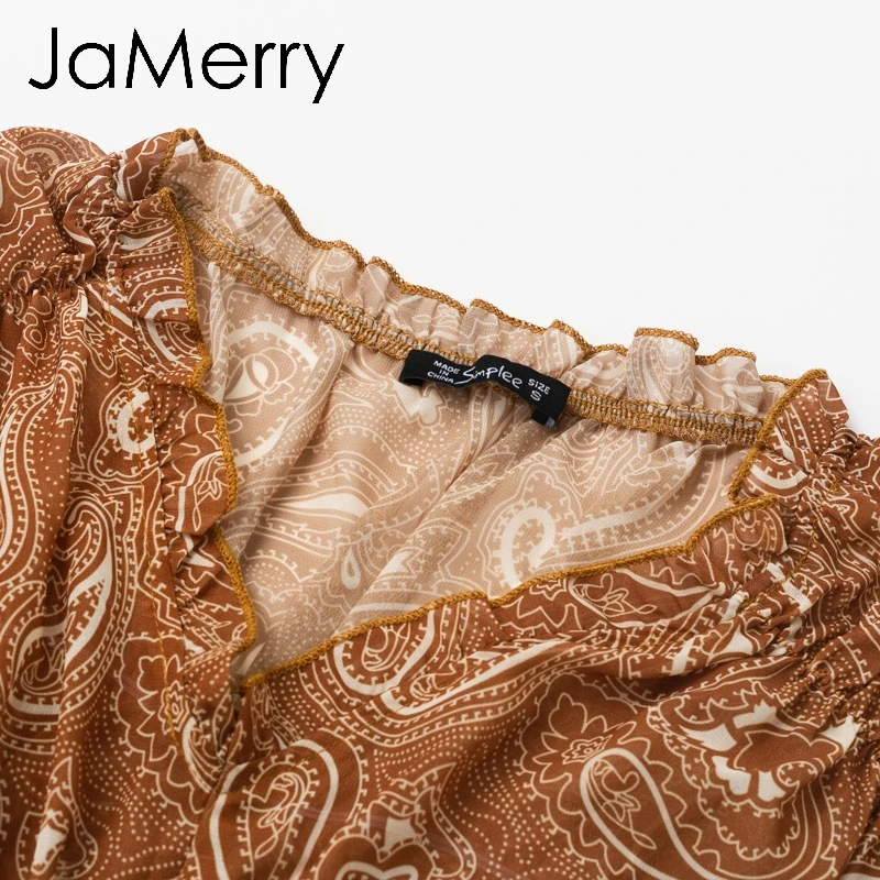 JaMerry/винтажная женская блузка с оборками, рубашка, эластичная высокая талия шифон, Женский Топ, рубашка с буфами на рукавах, принт, Женский Топ, блузка, рубашка
