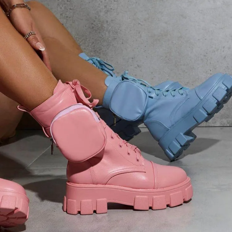 

Women Pocket Boot Lace Up Ladies Ankle Boots Female Buckle Strap blue Chunky Sole Pouch Ankle Boots Woman Platform Shoe Fashion