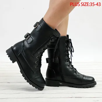 

Women Autumn Platform Mid Calf Boots Female Lace Up Punk Motorcycle Boot Plus Size Buckle Strap Zipper Ladies Low Heel Shoes