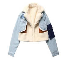 2021 Winter New Deerskin Velvet Denim Patchwork Jacket for Women Lambswool Thicken Short Locomotive Jacket Women