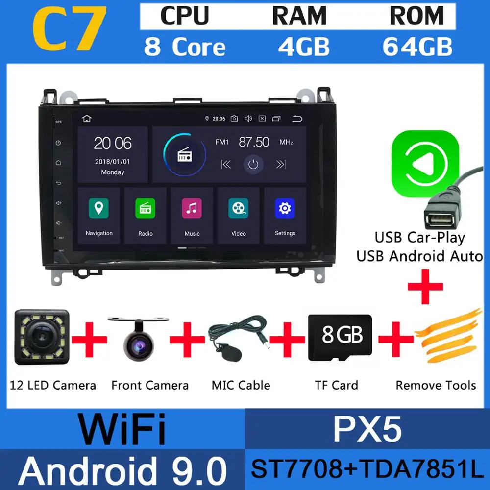 " PX6 4G+ 64G Android 9,0 Автомобильный мультимедийный плеер для Mercedes Benz A B класс W245 W169 Viano Vito Sprinter B160 B200 gps радио - Цвет: PX5 USB CarPlay