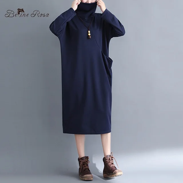 BelineRosa Простые женские платья в стиле осень, базальная одежда осень-зима, чистый цвет водолазки с длинным рукавом, женское платье, YPYC0024 - Цвет: navy
