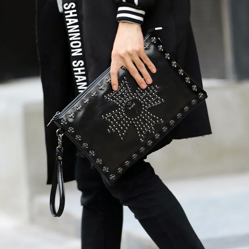 

File bag trend men's shoulder bag personality rivet clutch bag fashion casual small satchel