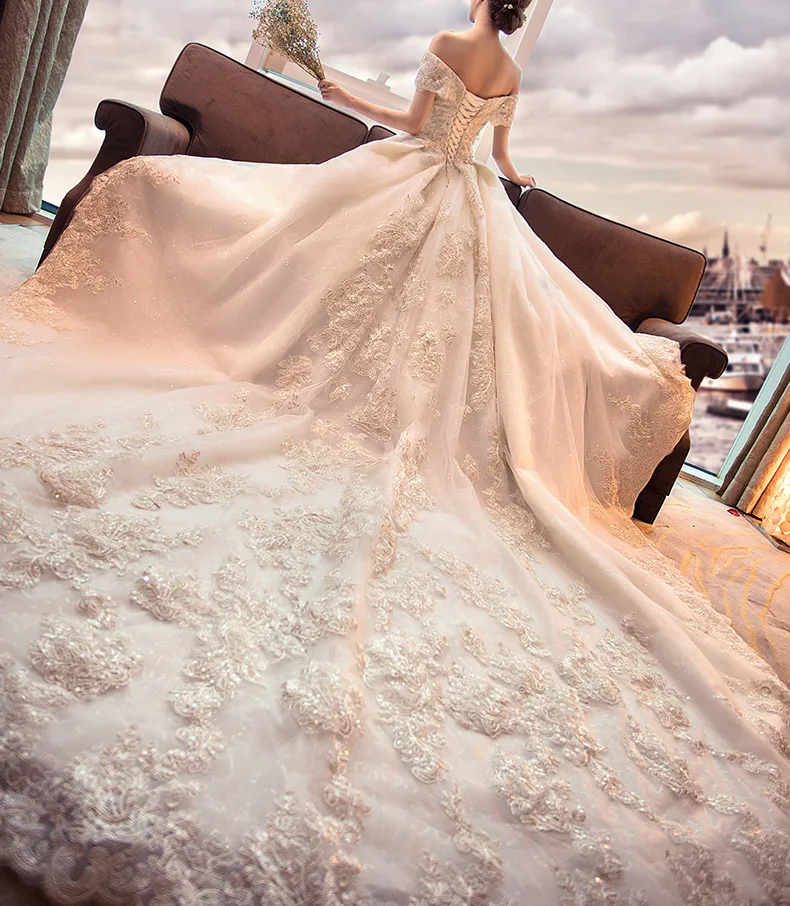 

robe de mariage Vestido De Noiva Golg Appliques Lace Wedding Dresses 2020 Train Plus Size Customized Wedding Gowns Bridal Dress