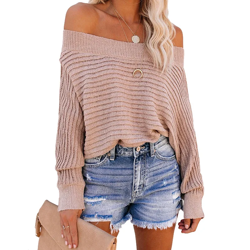 

Stripe Bat Sleeve off Shoulder Sweater Autumn New Foreign Trade Women's European and American Cross Border Sweater Women's Pit