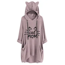 Женская Повседневная рубашка с капюшоном и длинными рукавами, с принтом кошачьих ушек, с карманами, необычный Топ, блузка, милая толстовка с капюшоном для мамы и кошки
