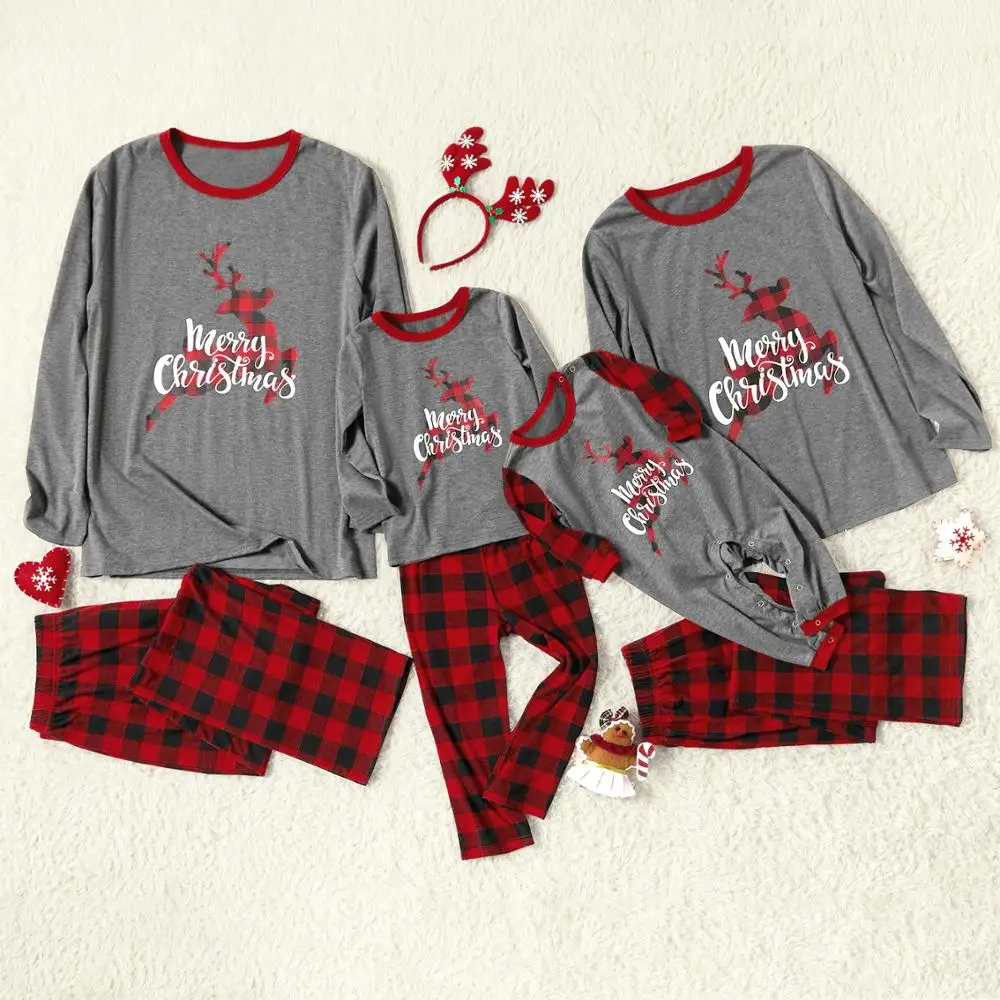 PatPat/комплект одинаковых пижам в клетку с рождественским оленем для всей семьи; сезон осень-зима; хлопковая рубашка с длинными рукавами; клетчатые штаны