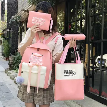 

2019 New Canvas Backpack Cartoon Alphabet Middle Student Backpack Casual Large Capacity Travel 4 Piece Set Mochila Feminina