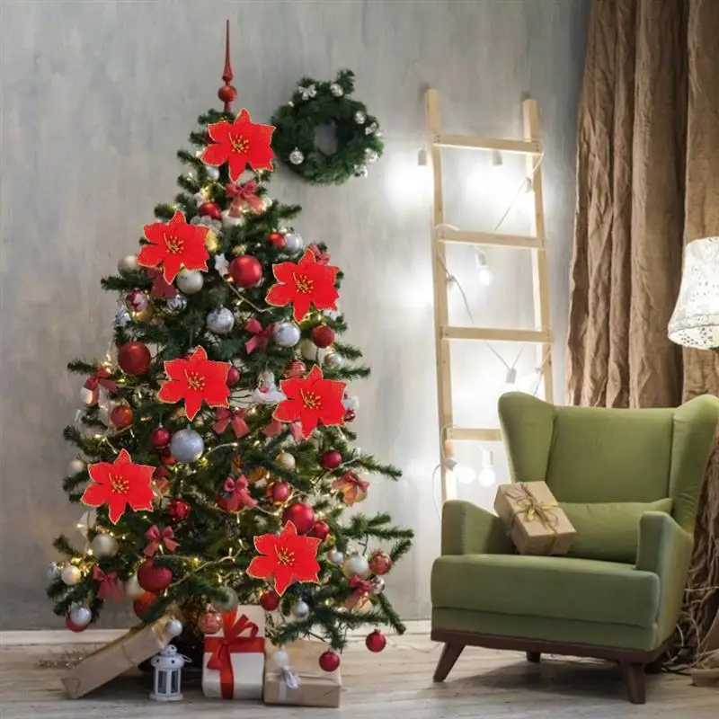 20 шт. модные искусственные цветы для украшения блестки Poinsettia поддельные цветы DIY домашние свадебные декорации цветок голова Рождество
