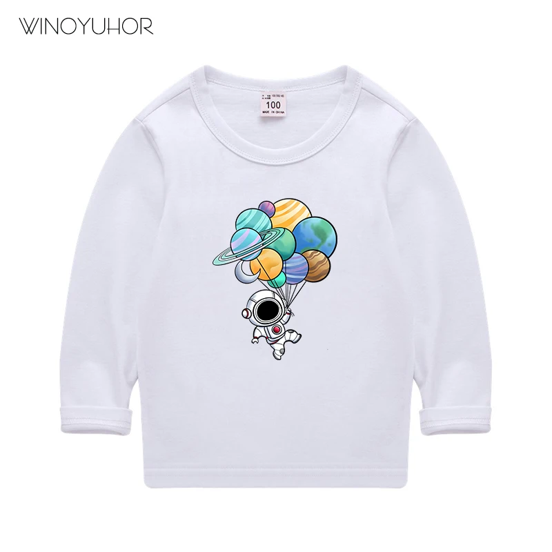

Balloon Astronaut Children's 100% Cotton T Shirts Casual Long Sleeve T-Shirt Baby Boys Girls Cartoon Tops Funny Clothing