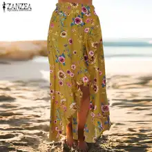 ZANZEA плиссированные юбки Женская богемная длинная юбка новая Цветочная печать Асимметричная Высокая Сплит Макси Faldas Сексуальная Пляжная Jupe Femme