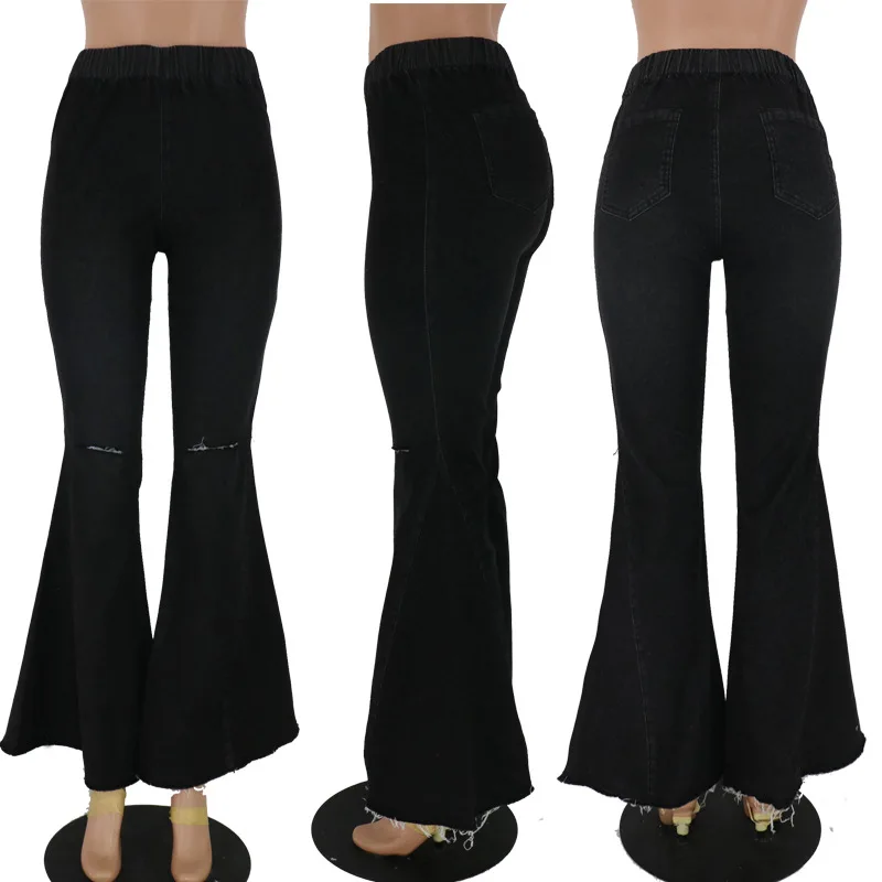 Женские Модные хлопковые рваные джинсы с высокой талией и эластичным поясом, свободные Джинсы бойфренда с карманами, расклешенные брюки для женщин, джинсы для мам S-2XL - Цвет: black