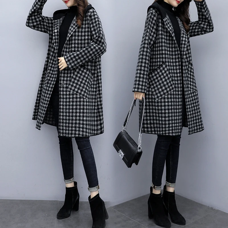Новинка, осенне-зимнее женское пальто в клетку, Женская ветровка, Свободное пальто большого размера, Женская длинная верхняя одежда, корейская модная одежда