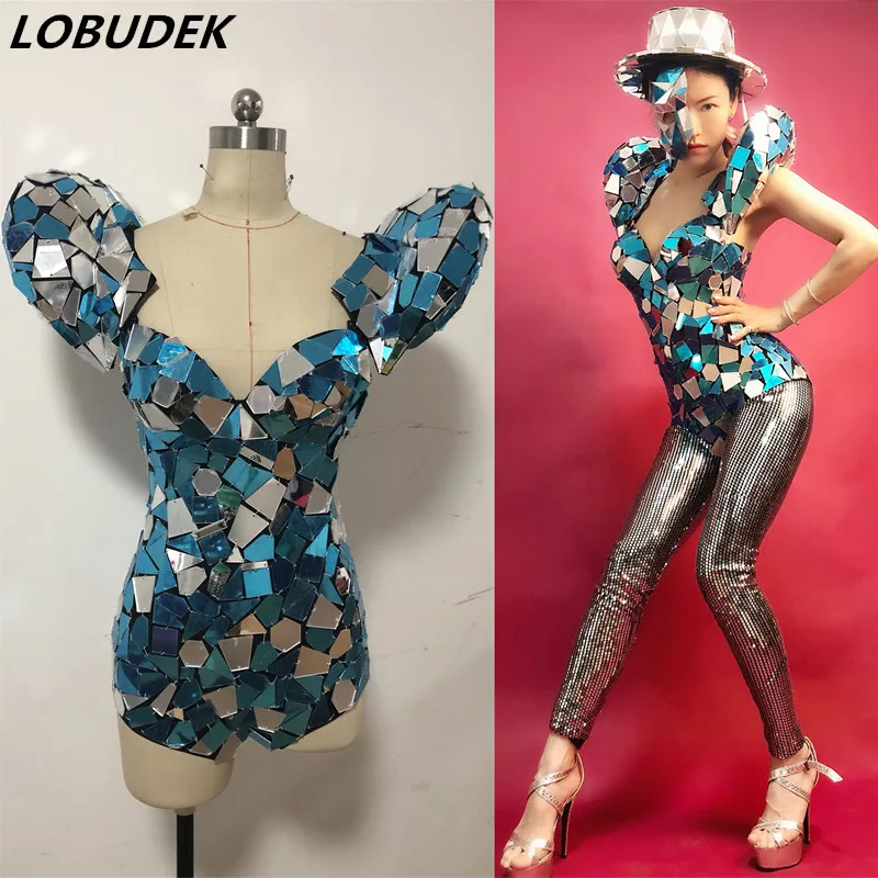 

2019 Customized Reflective Sequins Bodysuit Machine Dance Costume Gold Silver Mirror Bodysuits Female Bar DJ Jazz Dance Costumes