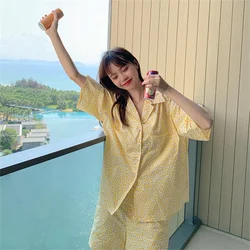 Summer Lapel Pajamas Sets Female Students Summer 2021 New Cute Loose Home Clothes Yellow Floral Short Sleeve Shorts Cotton Suit