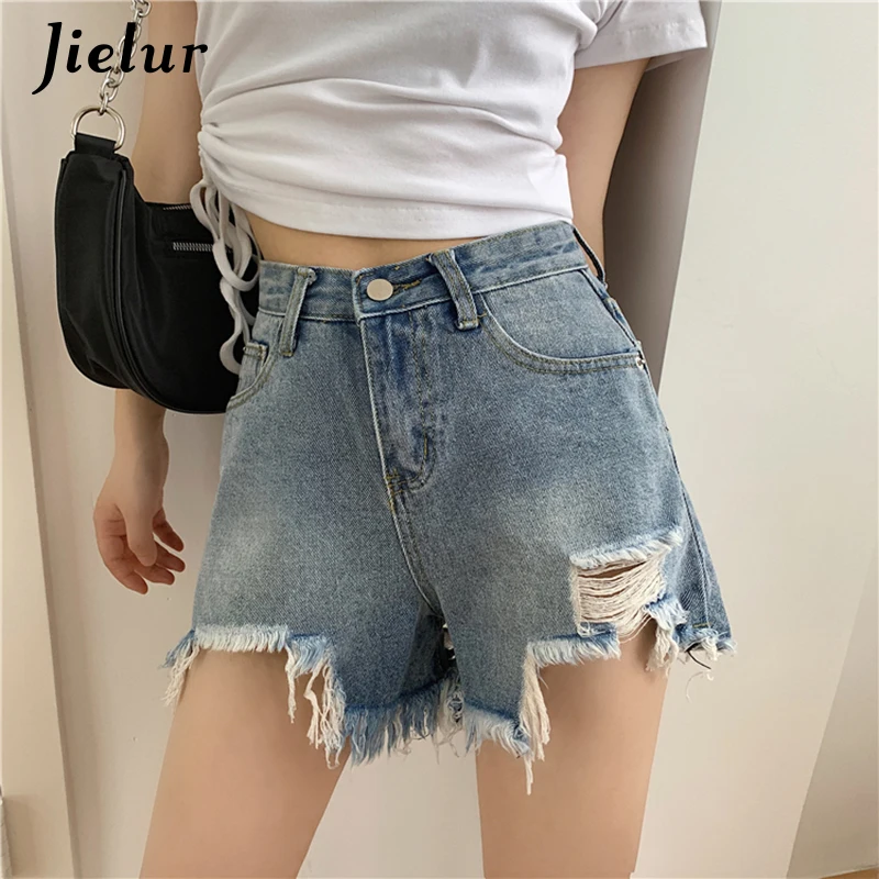 Jielur Jeans Woman Summer 2021 New Blue Chic Slim Pocket High Waist Denim Shorts Solid Color Trousers Hole Femme S-L | Женская одежда