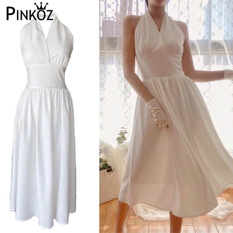 Pinkoz Robe Sexy Blanche Pour Femmes Modele Marilyn Monroe Col Licou Taille Haute Ligne A Robes Sexuelles Elegantes Style Boho Ete 2020 Aliexpress