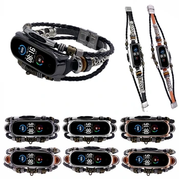 

For Mi Band 5 watch Fashion Retro Strap For Mi Band 3/4/5 Wrist Strap Leather Strap Replacement Leather Beading Bracelet 6