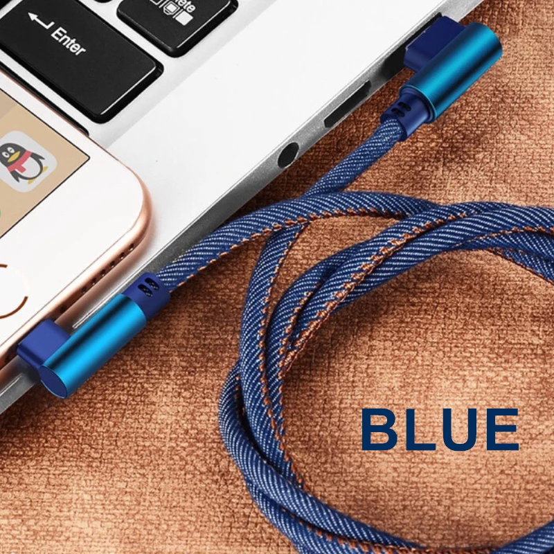 0,25 м, 1 м, 2 м, джинсовый USB кабель с изогнутой вилкой, кабель для мобильного телефона для iphone, быстрое зарядное устройство для samsung, huawei, Xiaomi, зарядный USB шнур