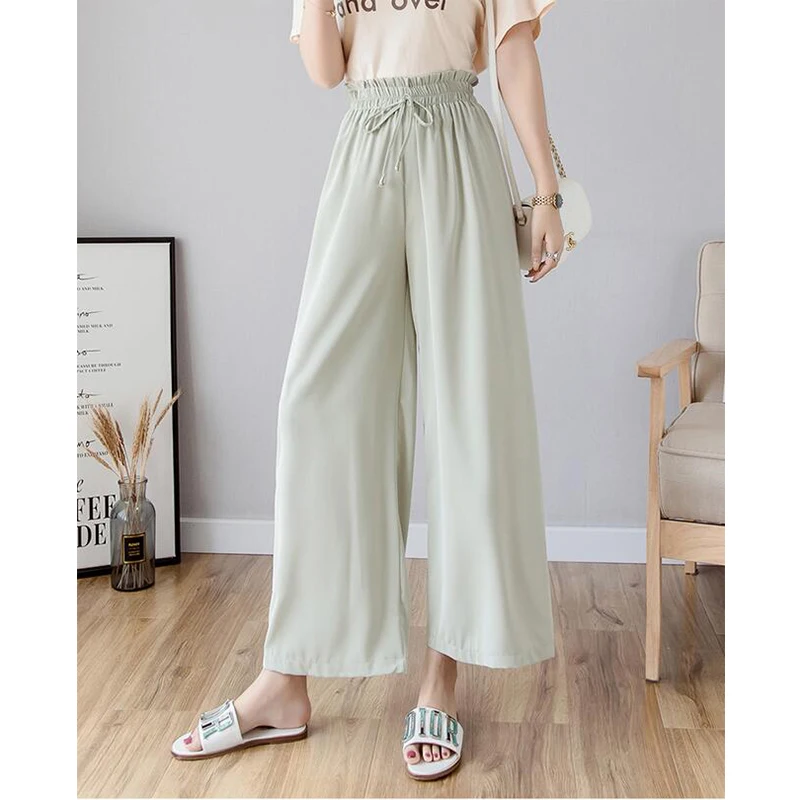 New Women Ice Silk knitted Wide Leg Pants Summer Elastic High Waist Drawstring Trousers Female Casual Loose Pant HH042