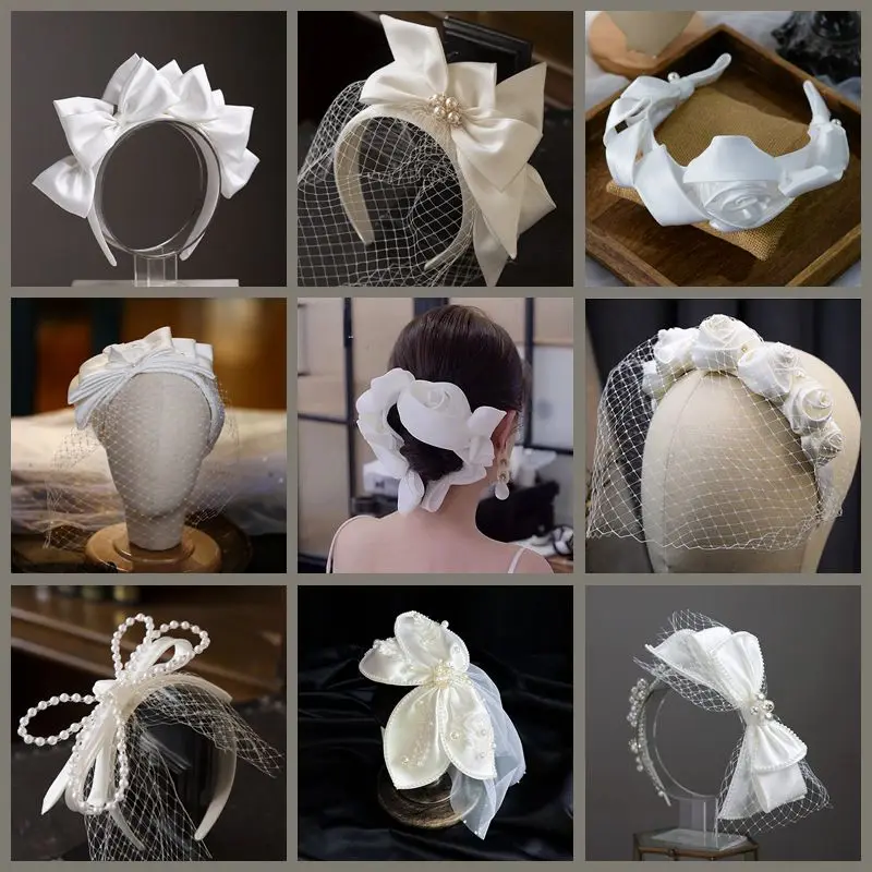 White bridal hairband Mesh Satin Bow Headband Vintage Fairy Bridal Wedding hair Accessory hair accessories bridal hair accessories crown headband