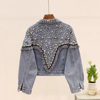 

Luxury Pearl Beading Denim Jackets Women Coat Vogue Long Sleeve Vintage Casual Jean Jacket Women Denim Coat Clothes SL037