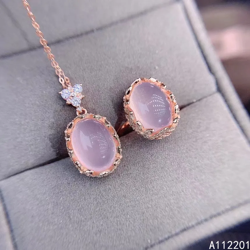 

Fine Jewelry 925 Pure Silver Inset With Natural Large Gem Women's Luxury Noble Oval Rose Quartz Pendant Ring Set Support Detecti