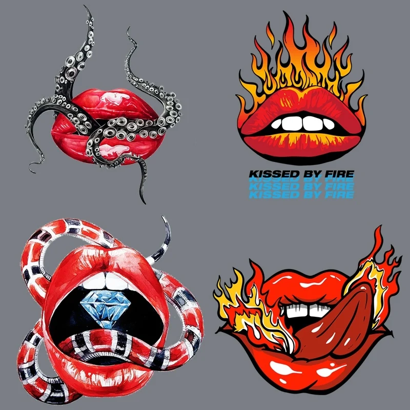 Cool Hot Movie Monster Flame Red Lips Stampa Diamante Trasferimento Di Calore Ferro Fai Da Te Può Essere Personalizzato Su T-Shirt Abbigliamento Donna