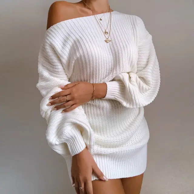 The hottest ladies casual off-shoulder lantern sleeve knitted sweater dress 1