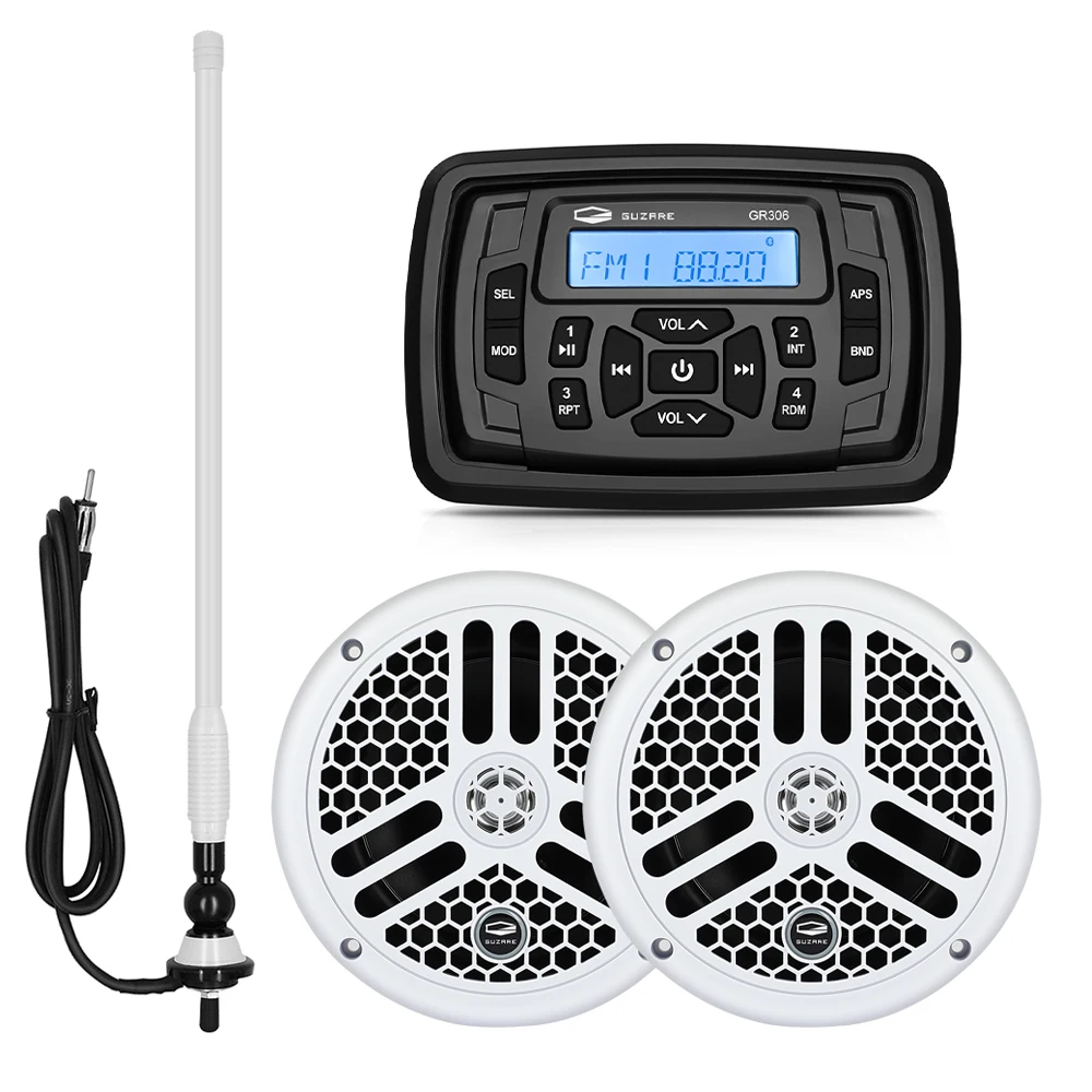 Marine Boat Radio Audio Stereo Bluetooth Receiver FM AM MP3 Player+6.5 Inch Marine Waterproof Speakers+Antenna For RV Pool Bath