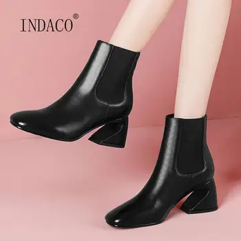 

2020 New Women Boots White Leather Autumn Shoes Hoof Heels Ankle Boots For Women Square Toe Slip On Warm Boots White