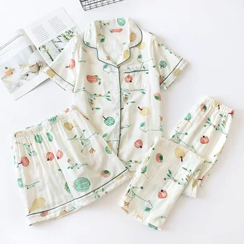 

Cotton Women Nightwear Pajama Set Short-sleeved + Shorts + Trousers Homewear Suit 3 Pcs Set Spring Summer Pijamas Femininos