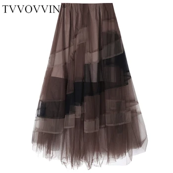 

loose High Elastic Waist Contrast Color Mesh Asymmetrical Half-body Skirt Women Fashion Tide Spring Autumn 2020 YM2L