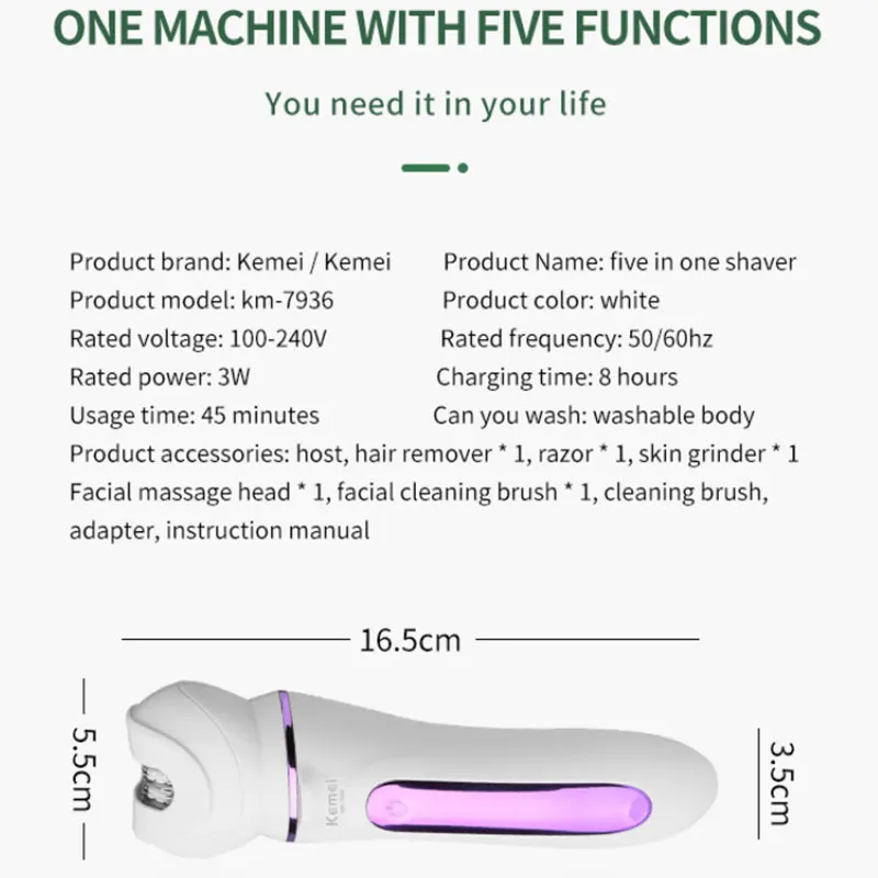 Épilateur électrique Kemei 7936 pour femme, visage et corps, rechargeable, pour l'épilation du visage et du corps, y compris les jambes._voghion.com