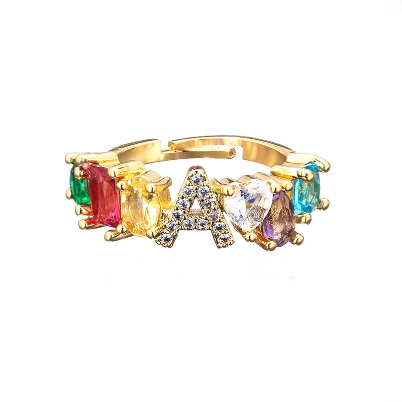 Женская Золотая буква алфавита кольцо цирконы ребенок имя регулируемое кольцо красочное кристаллическое кольцо Рождественский подарок для семьи