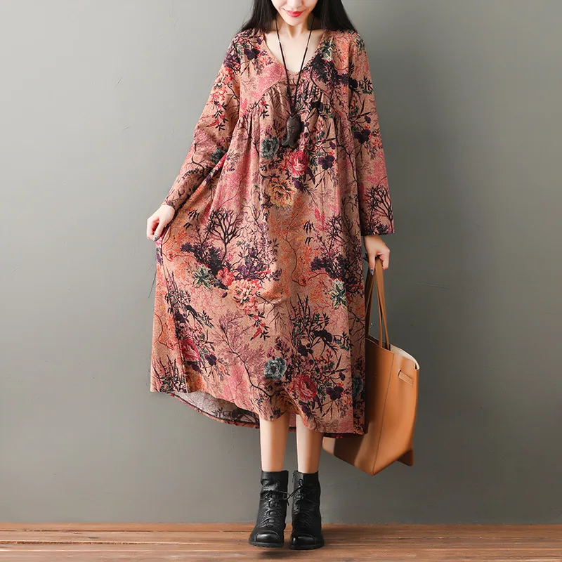 

Cotton Linen-Style Long-sleeved Dress Women's 2019 Autumn New Style Ethnic-Style Loose-Fit Printed Mid-length Big Skirt