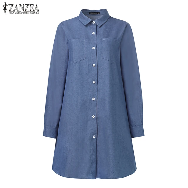 US $15.53 ZANZEA 2020 Autumn Women Sexy Mini Dress Denim Buttons Down Long Sleeve Vestidos Lady Casual Lapel 