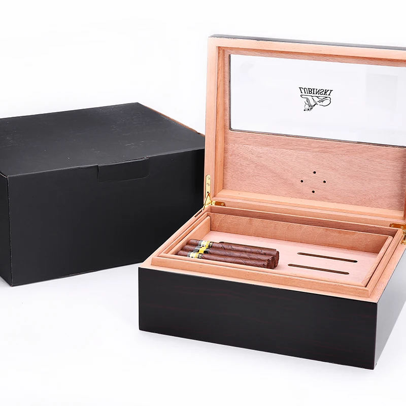 LUBINSKI кедровое дерево для сигар, чехол для сигарет, визуальный Skylight, ящик для хранения с поддоном, увлажнитель с гигрометром, удерживающий 50 сигар
