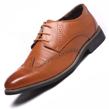 

38~48 Men Fashion Derby Brogues Dress Business Shoes Italian Mens Lace Up Pointed Toe Formal Wedding Suit Leather Shoes Brown
