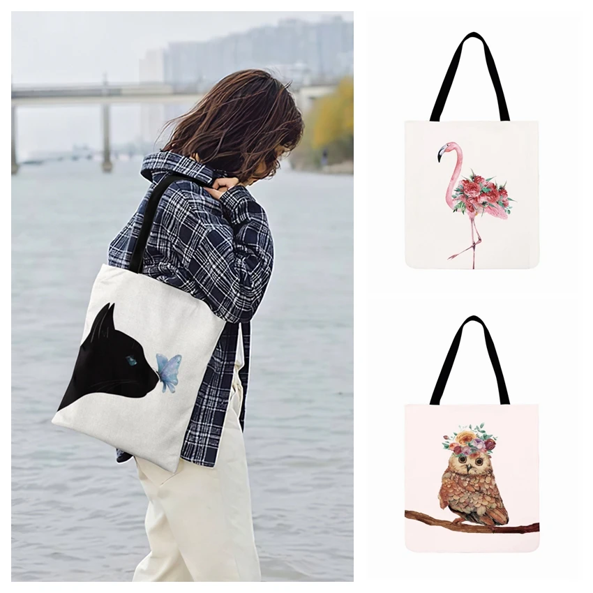 

Fashion Shopping Bag Outdoor Beach Bag Cartoon Literary Animal Painting Print Tote Bag For Women Casual Tote Ladies Shoulder Bag