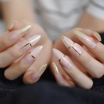 

Long Sharp Good Quality Faux Ongles Gorgeous Gold Designed Beauty Fake Nail Pointed Artificial Daily Nail Art Tips