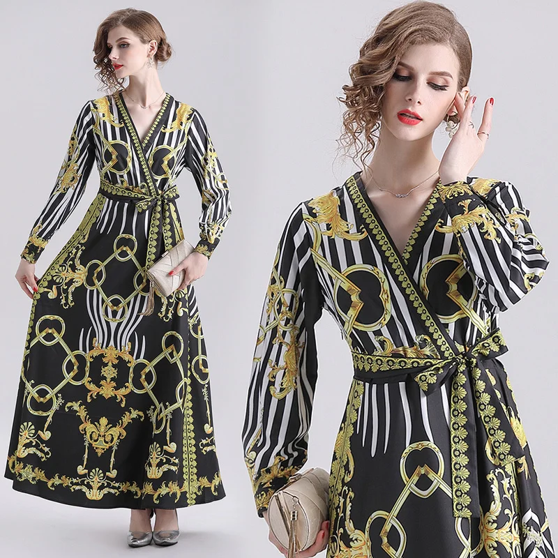 

2019 Summer Fall Runway Floral Baroque Print V Neck Sashes Long Sleeve Empire Waist Women Party Casual A-Line Robe Maxi Dress