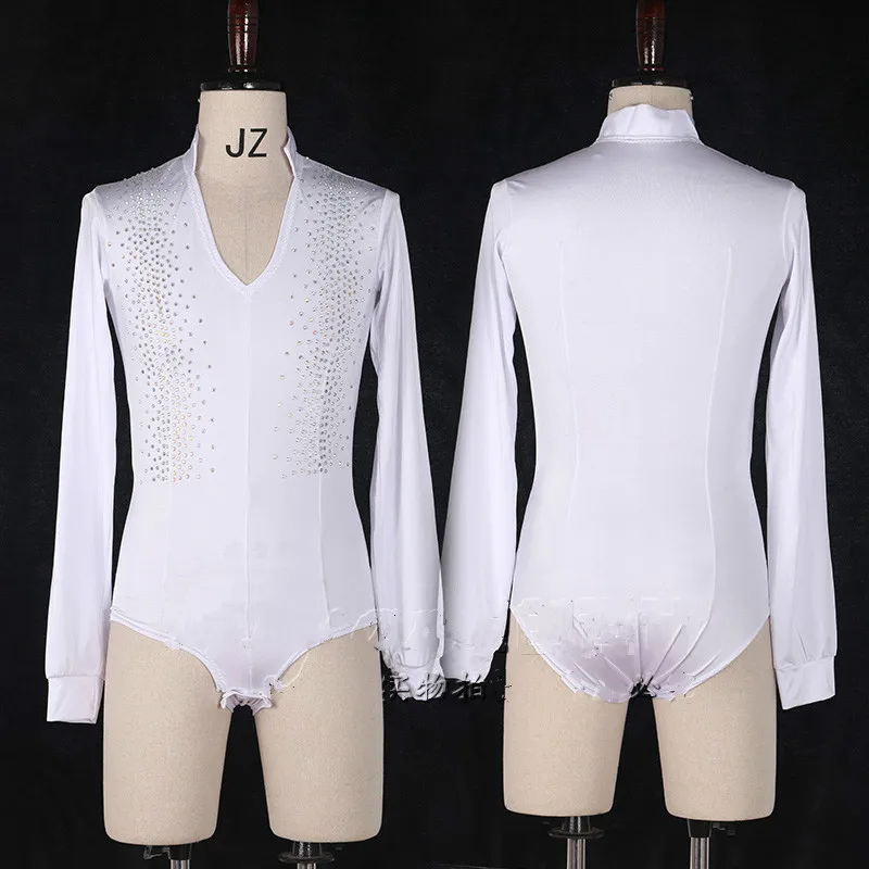 Latin Dance Shirts Men White Long Sleeve Mesh Standing Collar Shiny Rhinestone Bodysuit Rumba Cha Cha Samba Competition DN3534