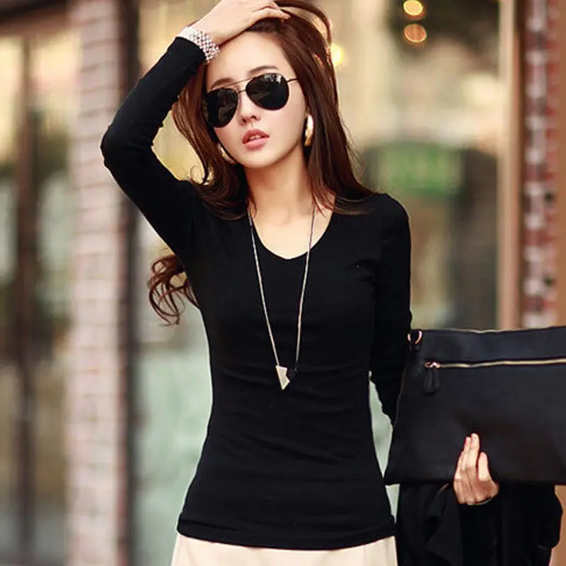 Базовая футболка женская с длинным рукавом Однотонная черная белая топы весна осень тройник Топ корейский стиль футболки женские рубашки топы размера плюс