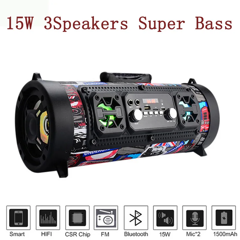 

Hifi Portable Bluetooth Speaker FM Radio Move KTV 3D Sound Unit Wireless Surround TV Sound bar Subwoofer 15W Outdoor Speaker+Mic