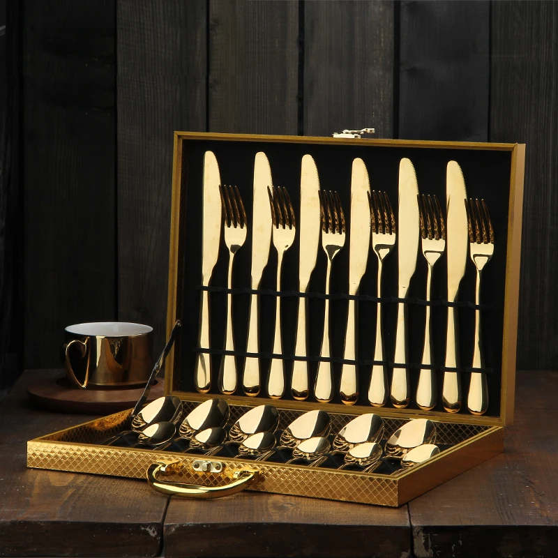 

24Pcs/ Set Stainless Steel Western Food Tableware Sets Fork Steak Knife Dinnerware Set Rose Gold Flatware BB50CJ